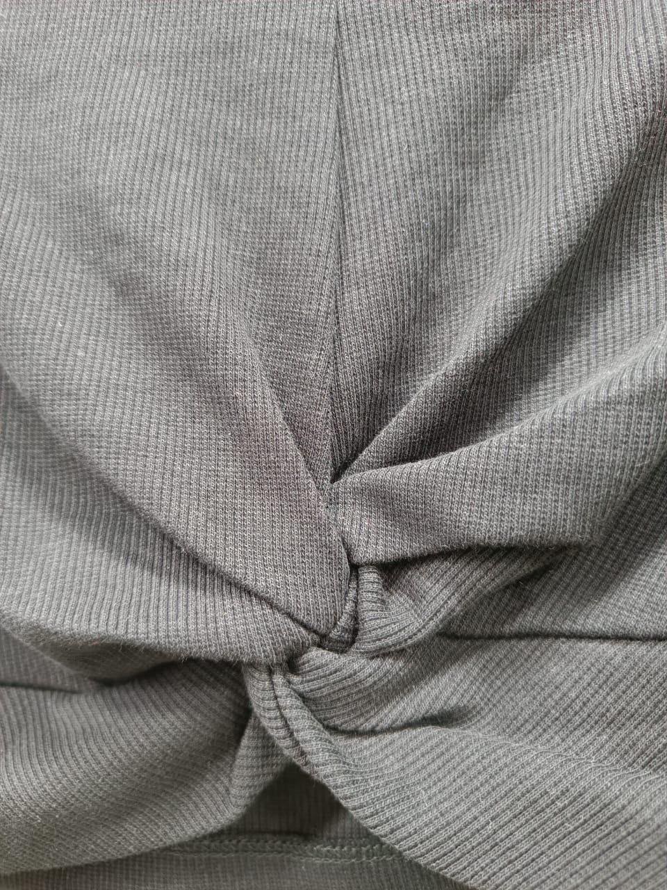 Grey Ribbed Knit Short Sleeve Knot Front Top
