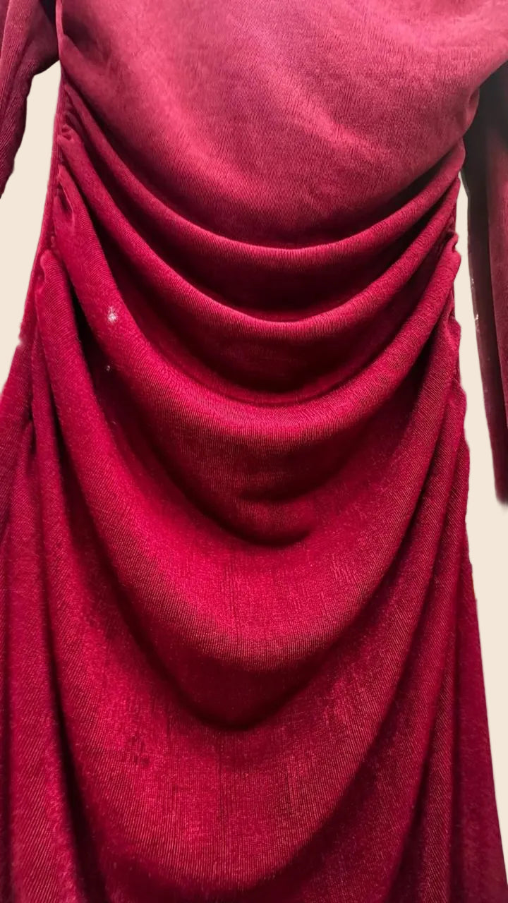 Red Velvet Ruched High-Neck Midi Dress