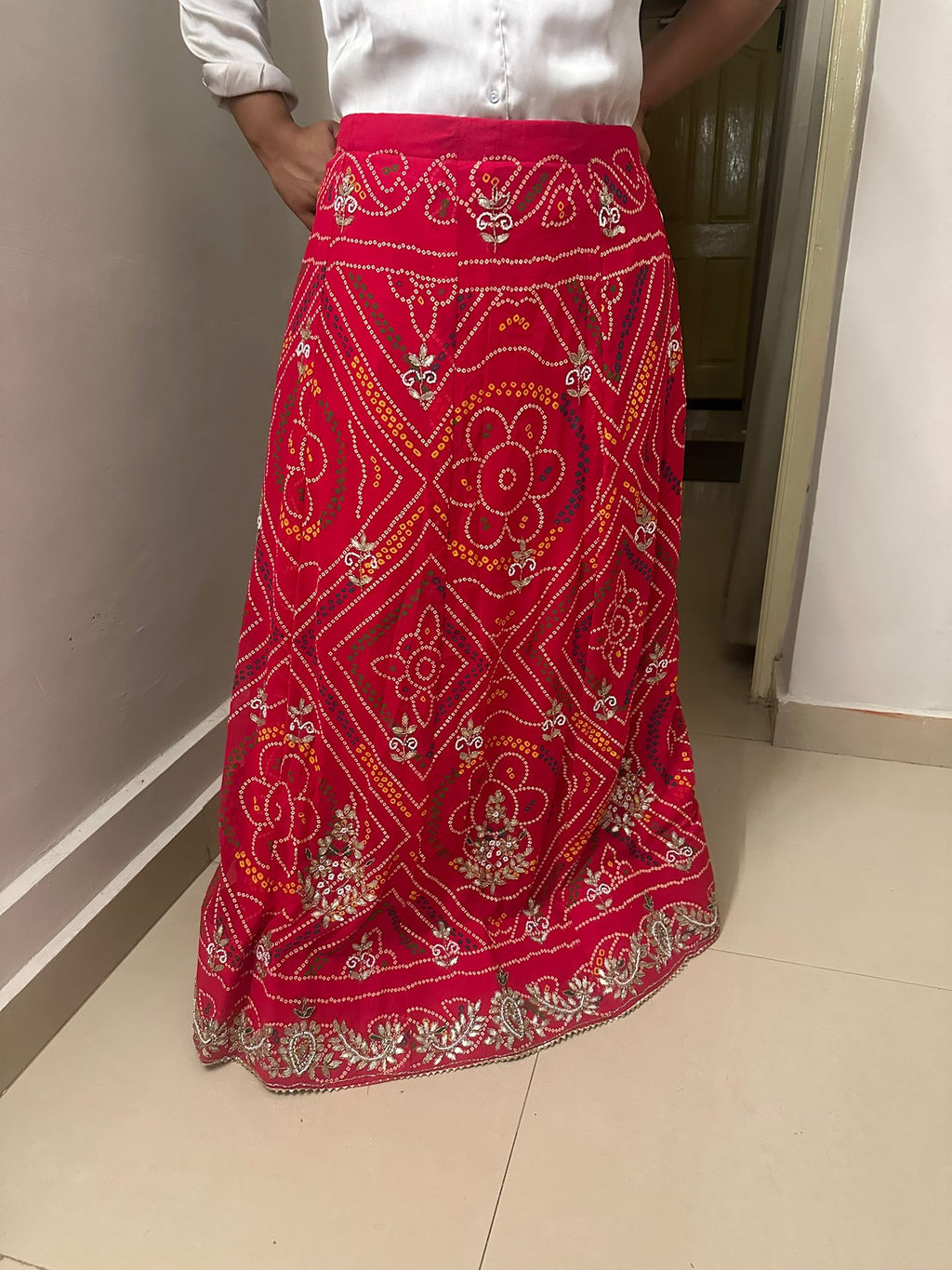 Red Embellished Bandhani Print Lehenga Skirt