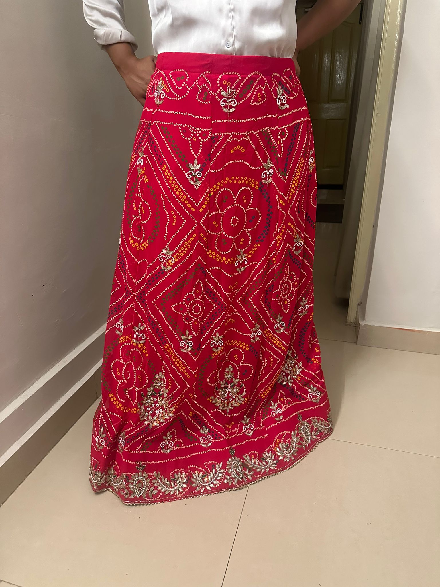 Red Embellished Bandhani Print Lehenga Skirt