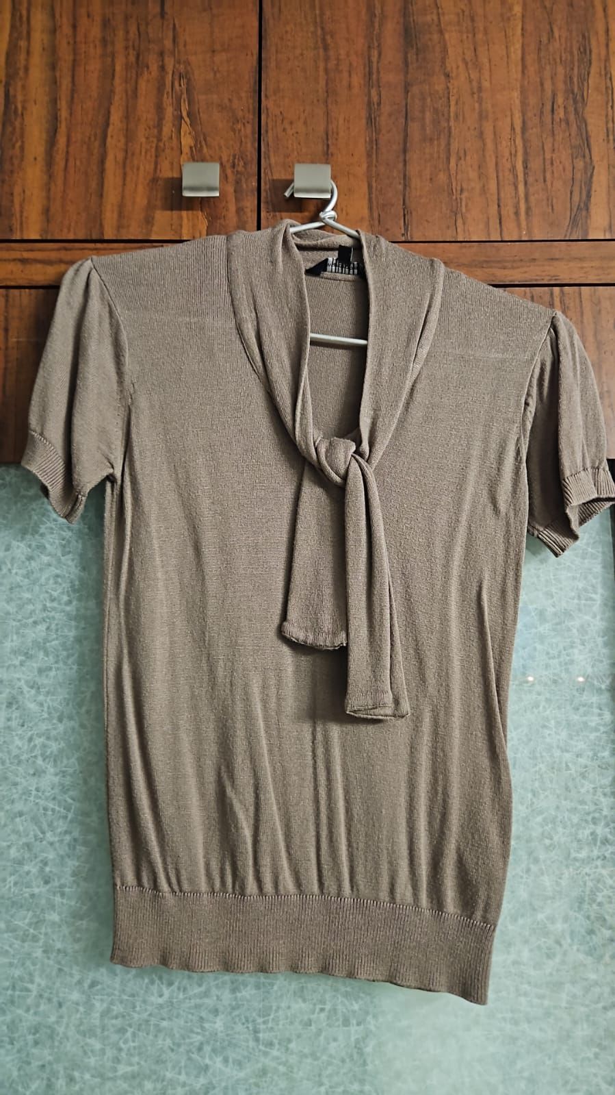 Women's SHUBHIKA Brown Knit Tie-Neck Short Sleeve Top