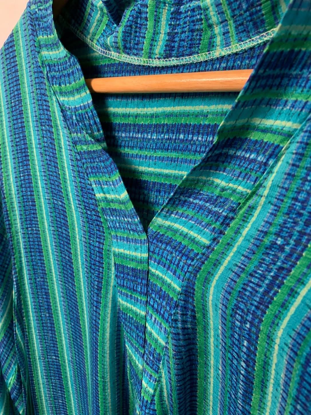 Women's Blue Green Striped Tunic with Embroidery