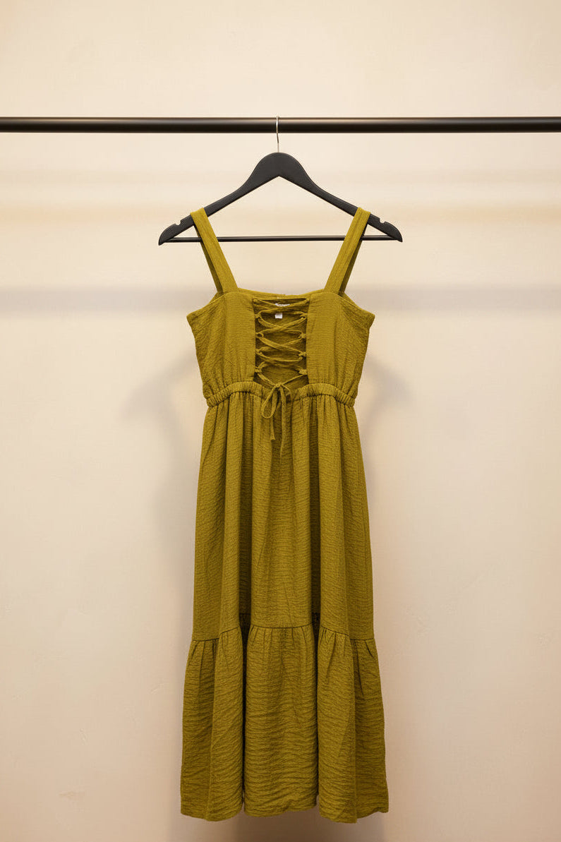 Women's Green Crinkled Tiered Mini Dress with Lace-Up Back