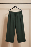 Women's Dark Green Textured Wide Leg Trousers with Drawstring Waist
