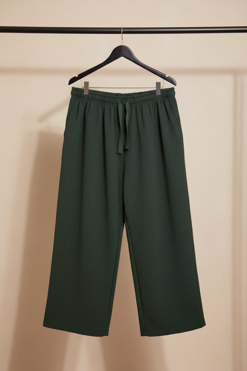 Women's Dark Green Textured Wide Leg Trousers with Drawstring Waist