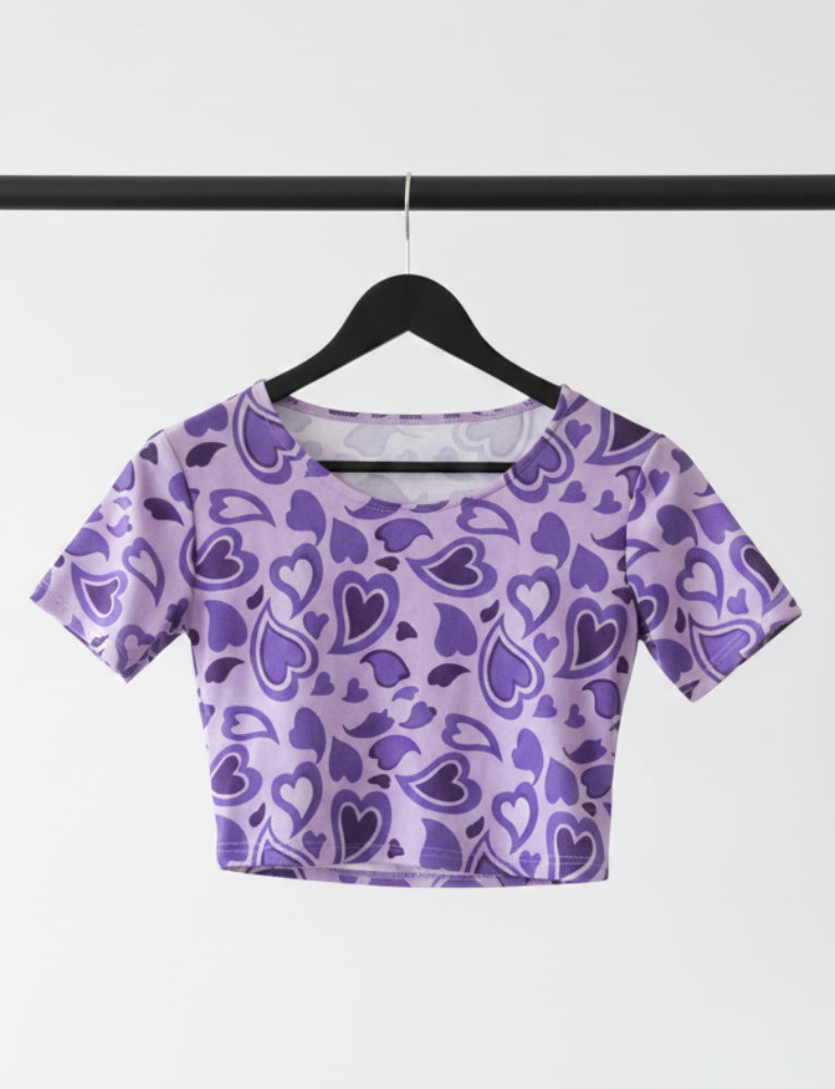 Women's Purple Heart Print Short Sleeve Crop Top