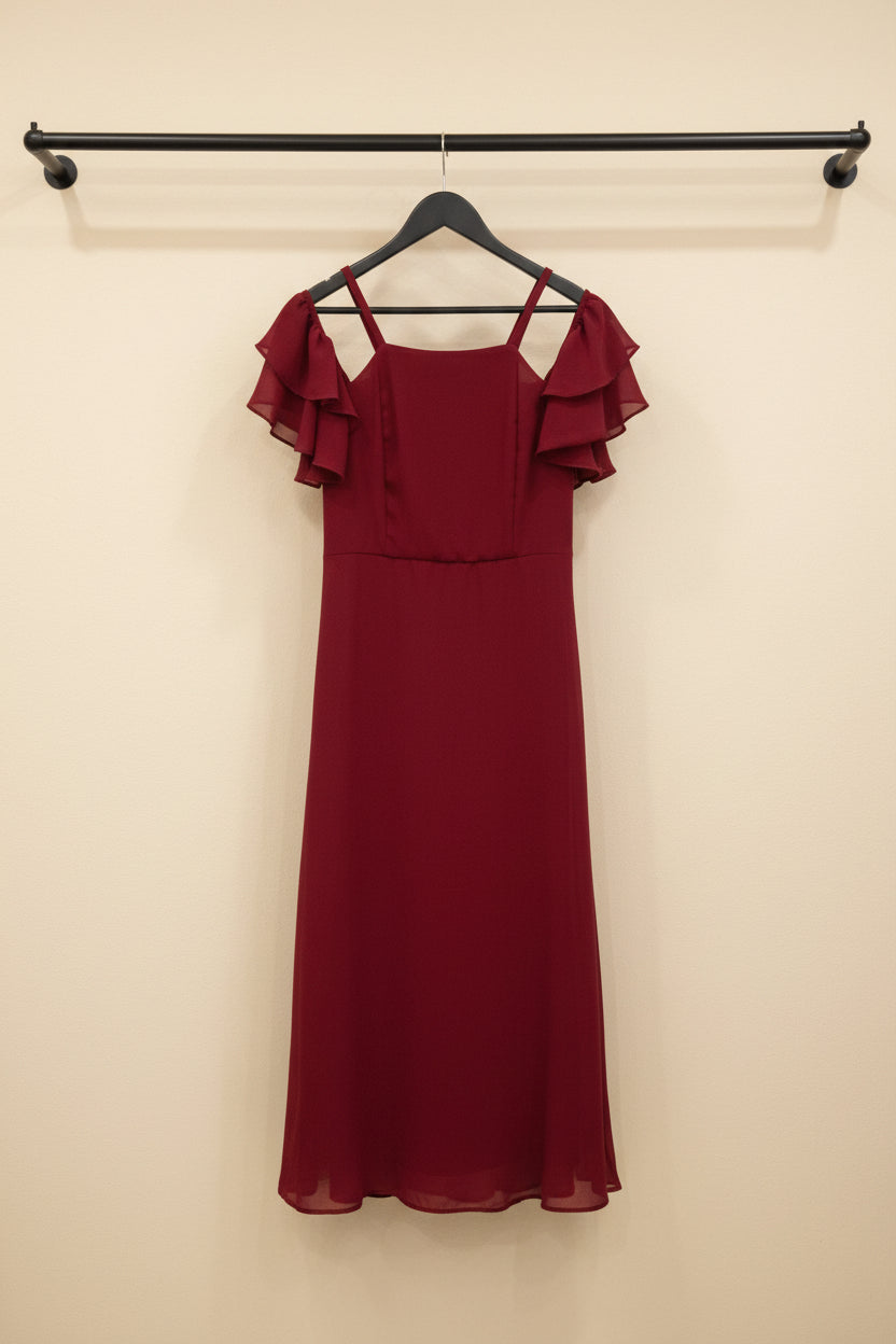 Red Ruffled Cold Shoulder Midi Dress