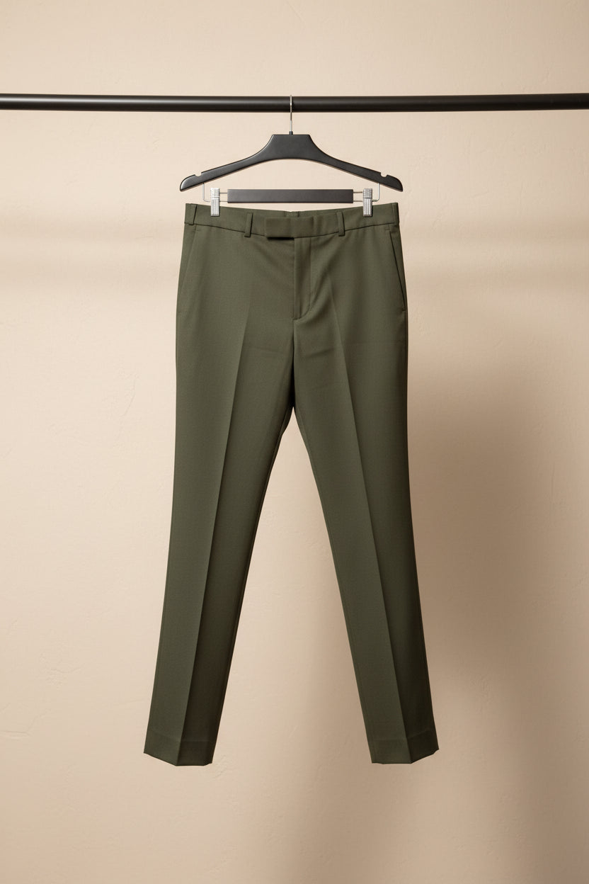 BEGINS Men's Olive Green Flat Front Formal Trousers