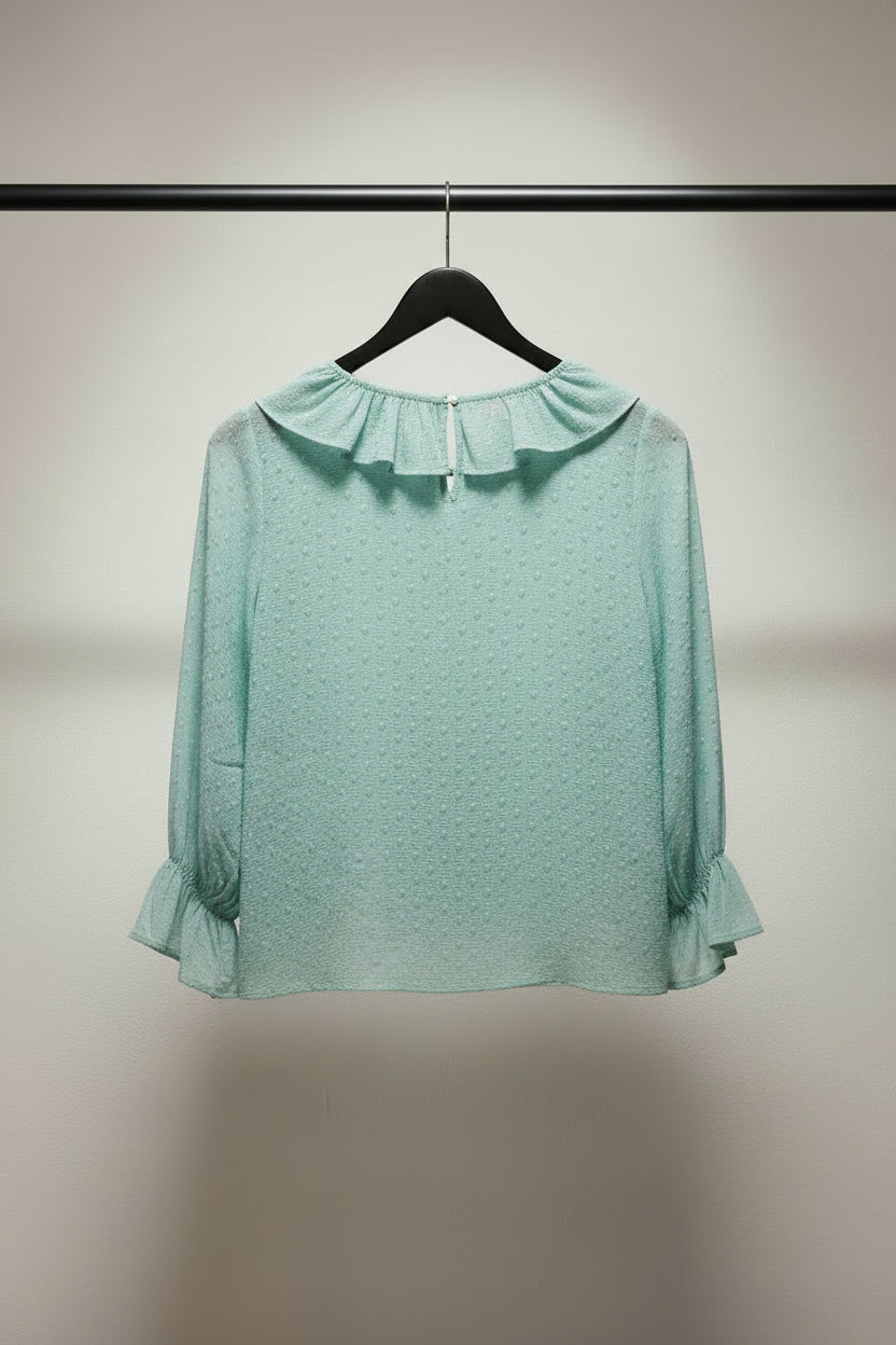 Women's Mint Green Ruffled Polka Dot Blouse with Tassel Tie-Neck