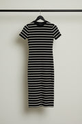 LCW VISION Women's Black & White Striped Ribbed Bodycon Midi Dress