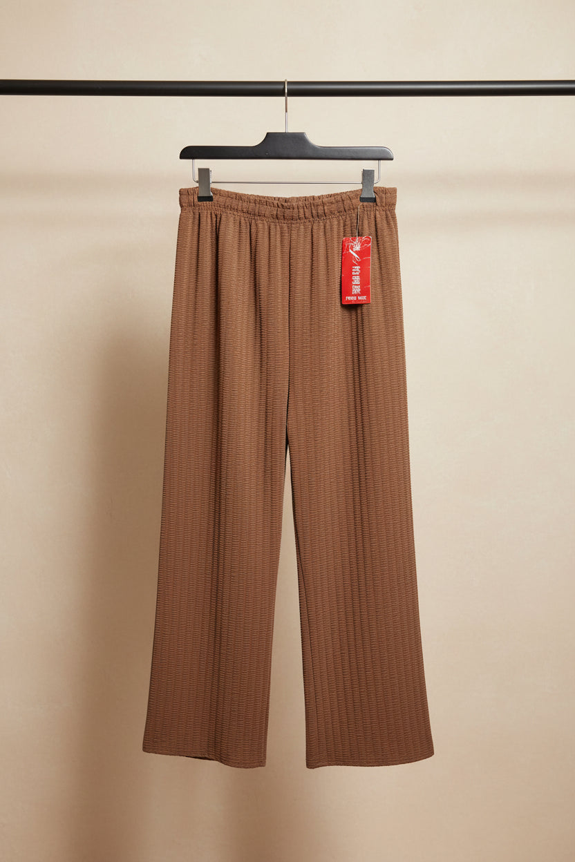 Brown Textured Wide Leg Pants with Drawstring Waist