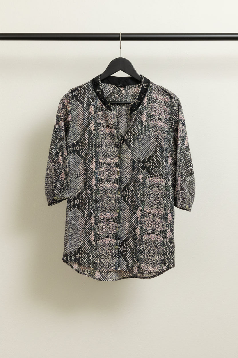 Women's Snake Print Beaded Collar 3/4 Sleeve Blouse