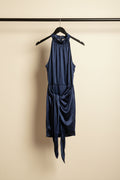 Navy Blue Halter Neck Sleeveless Mini Dress with Tie Waist