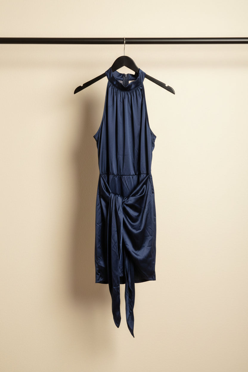 Navy Blue Halter Neck Sleeveless Mini Dress with Tie Waist