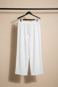 Women's White Textured Wide Leg Drawstring Trousers