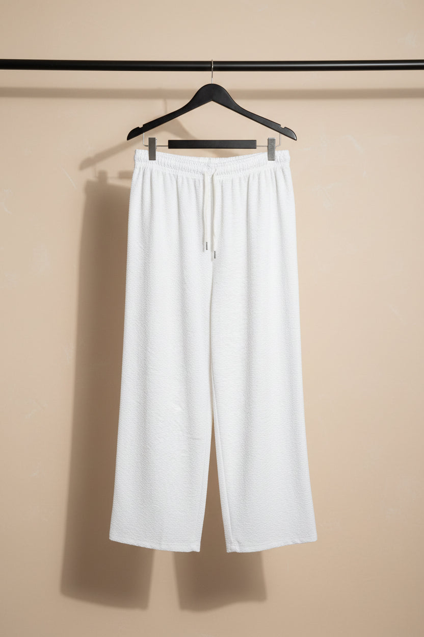 Women's White Textured Wide Leg Drawstring Trousers