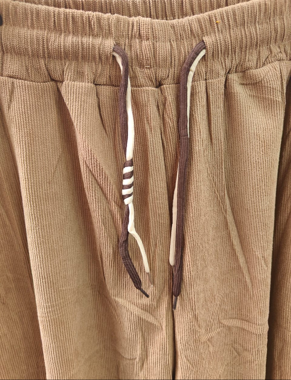 Women's Beige Corduroy Elastic Waist Drawstring Wide Leg Pants