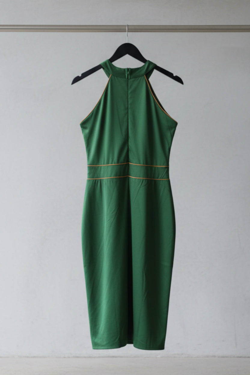 Green Halterneck Bodycon Long Dress with Contrast Piping