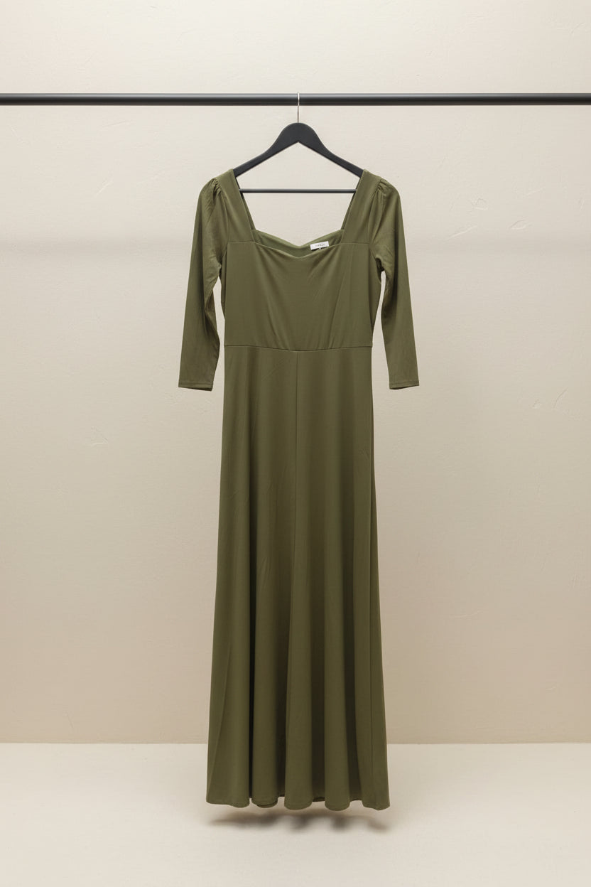 Women's Olive Green Ruched Sweetheart Neck Maxi Dress