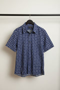 Men's Navy Blue Printed Short Sleeve Button-Up Shirt