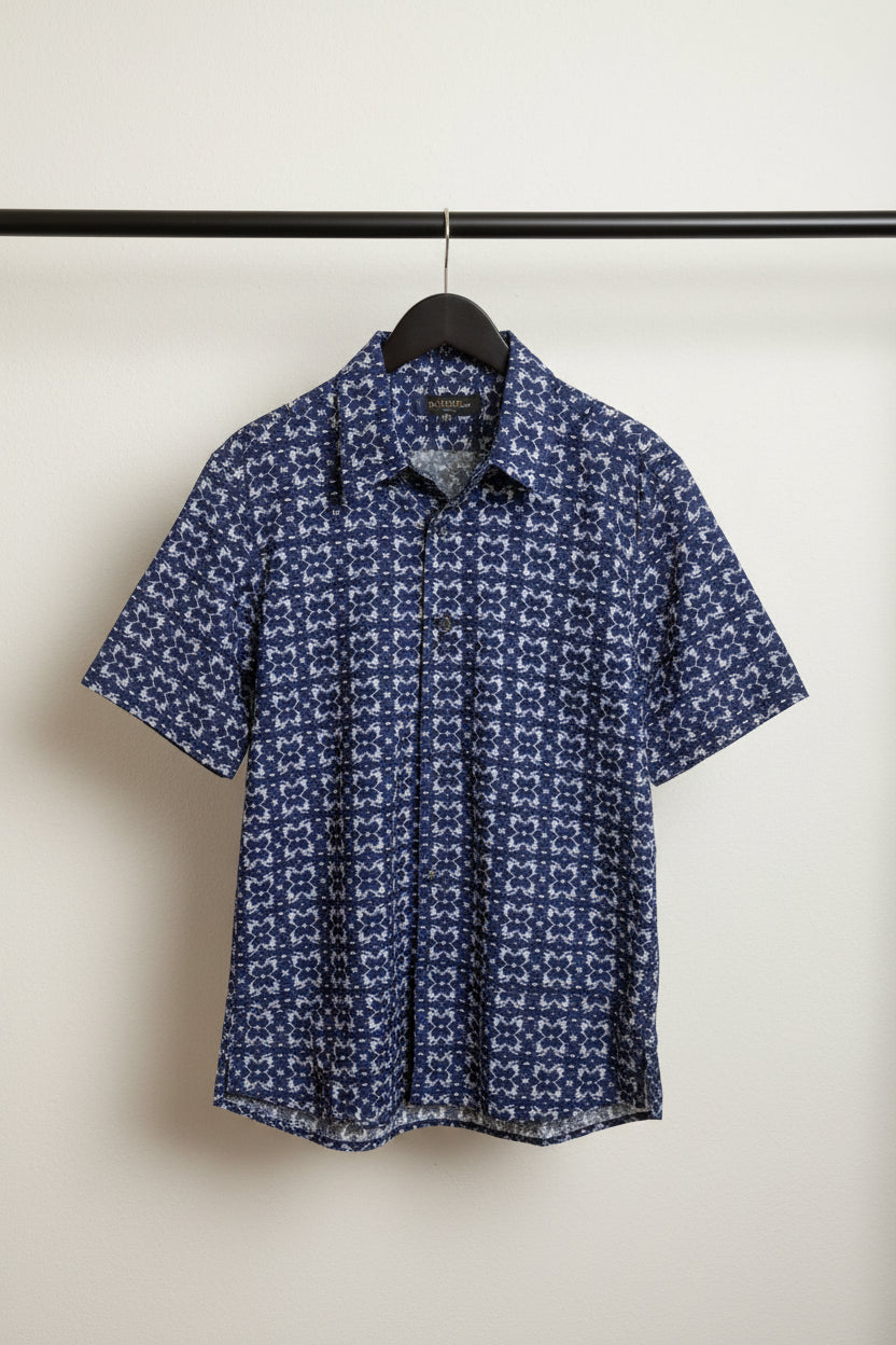 Men's Navy Blue Printed Short Sleeve Button-Up Shirt
