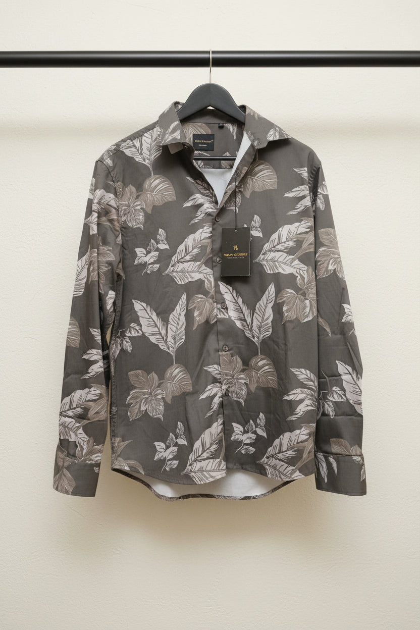 YELLOW CLOTHING Men's Grey Leaf Print Slim Fit Casual Shirt