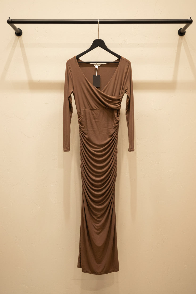 Brown Ruched Long Sleeve Maxi Dress by B+ VESTRY