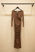 Brown Ruched Long Sleeve Maxi Dress by B+ VESTRY