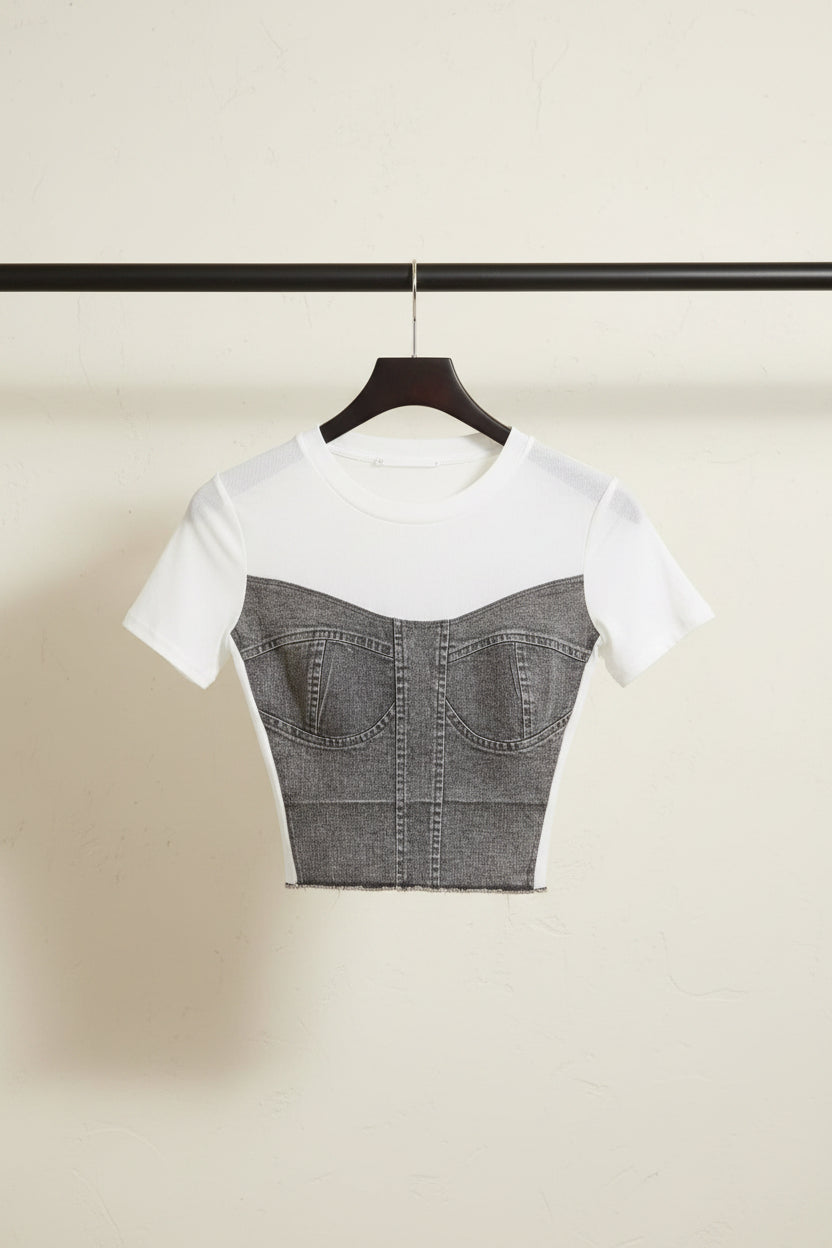 White Mesh & Grey Denim Bustier Crop Top