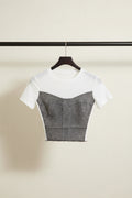 White Mesh & Grey Denim Bustier Crop Top