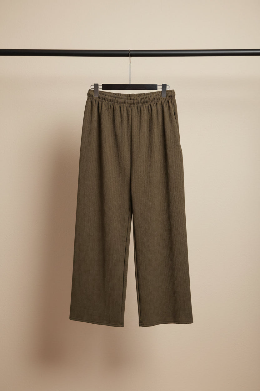 Olive Green Ribbed Knit Wide Leg Trousers with Drawstring Waist
