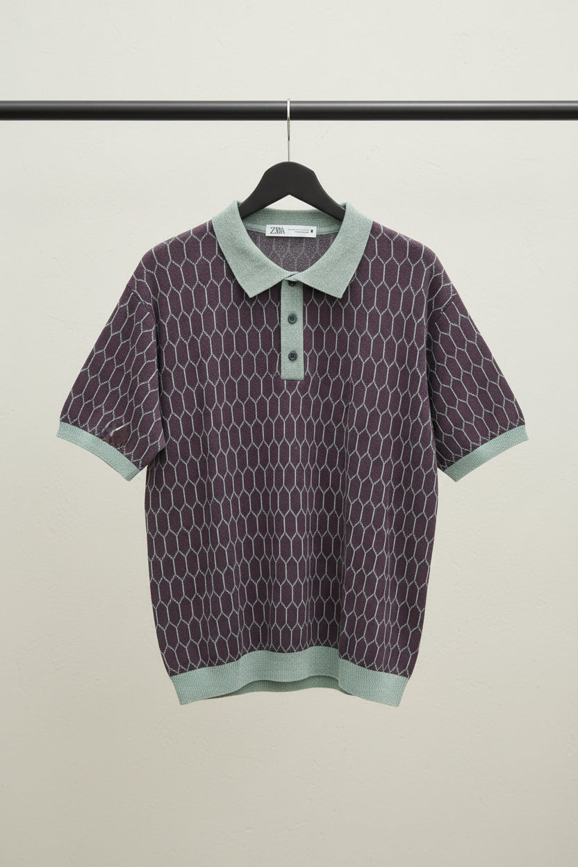 Zara Men's Hexagon Pattern Knit Polo Shirt