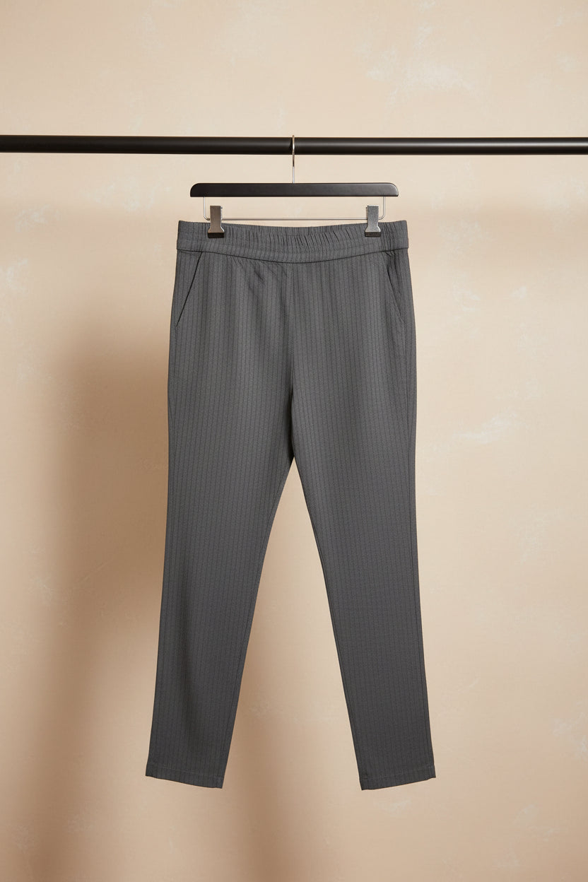 Men's Dark Grey Striped Elastic Waist Regular Fit Trousers
