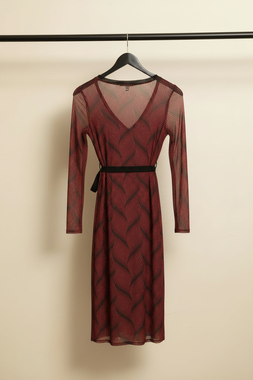 Red and Black Printed Sheer Mesh Wrap Mini Dress