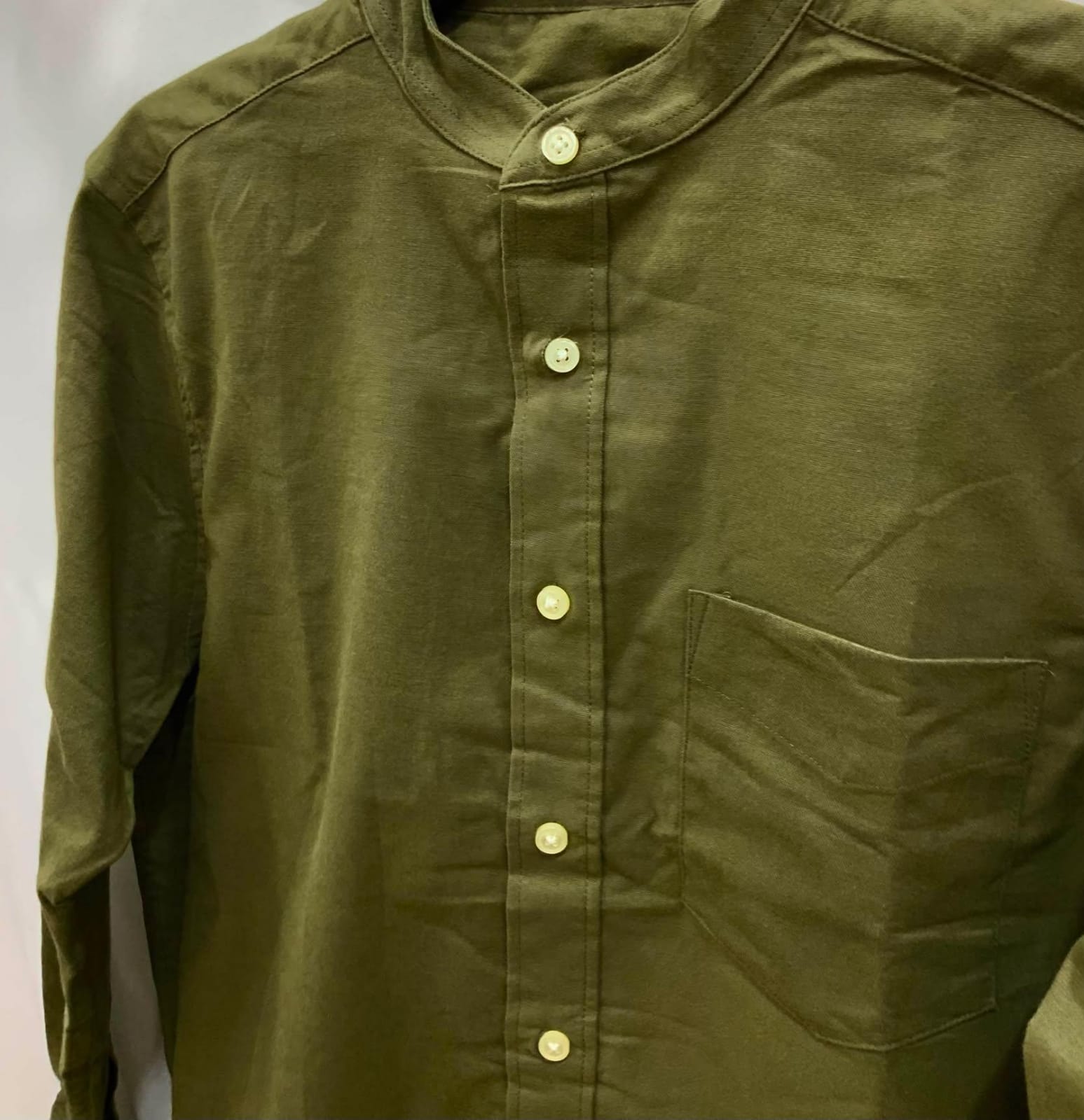 Men's Olive Green Band Collar Long Sleeve Shirt