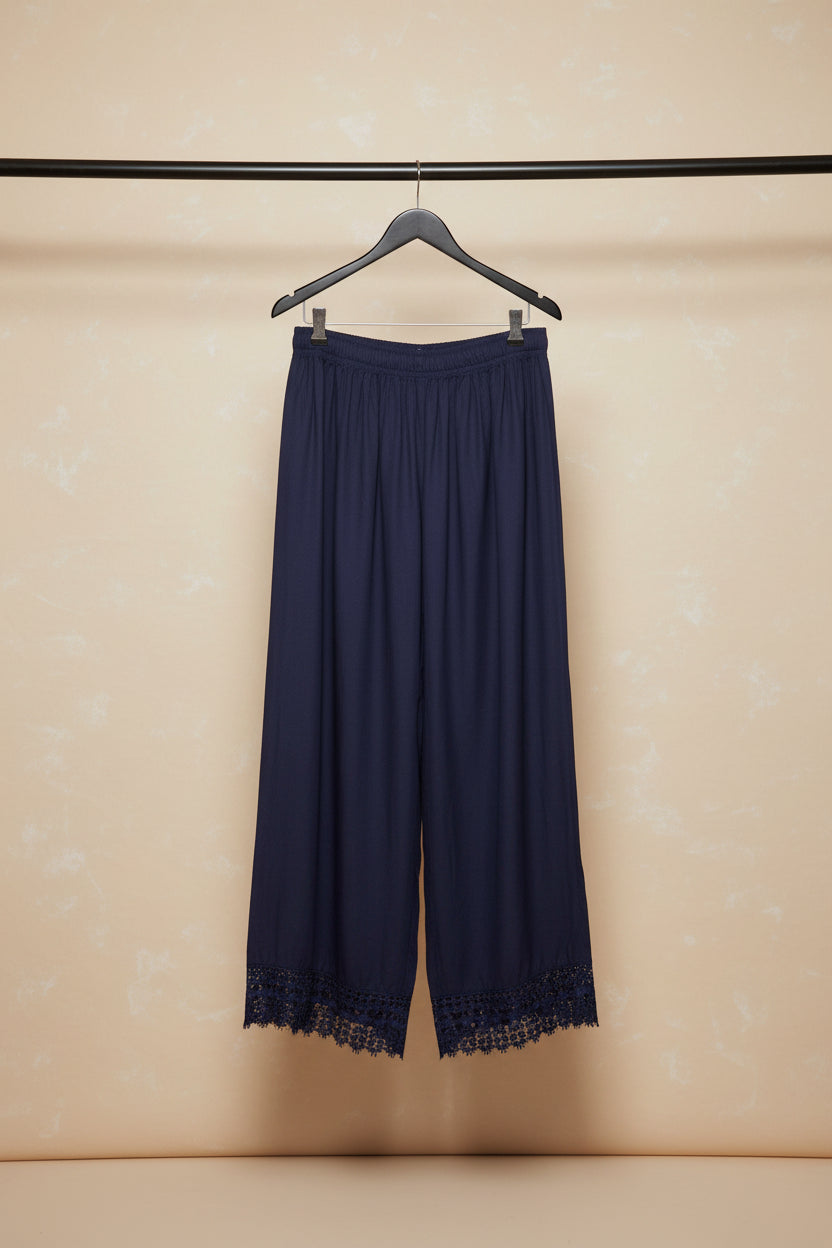 Women's Navy Blue Palazzo Pants with Drawstring and Lace Hem