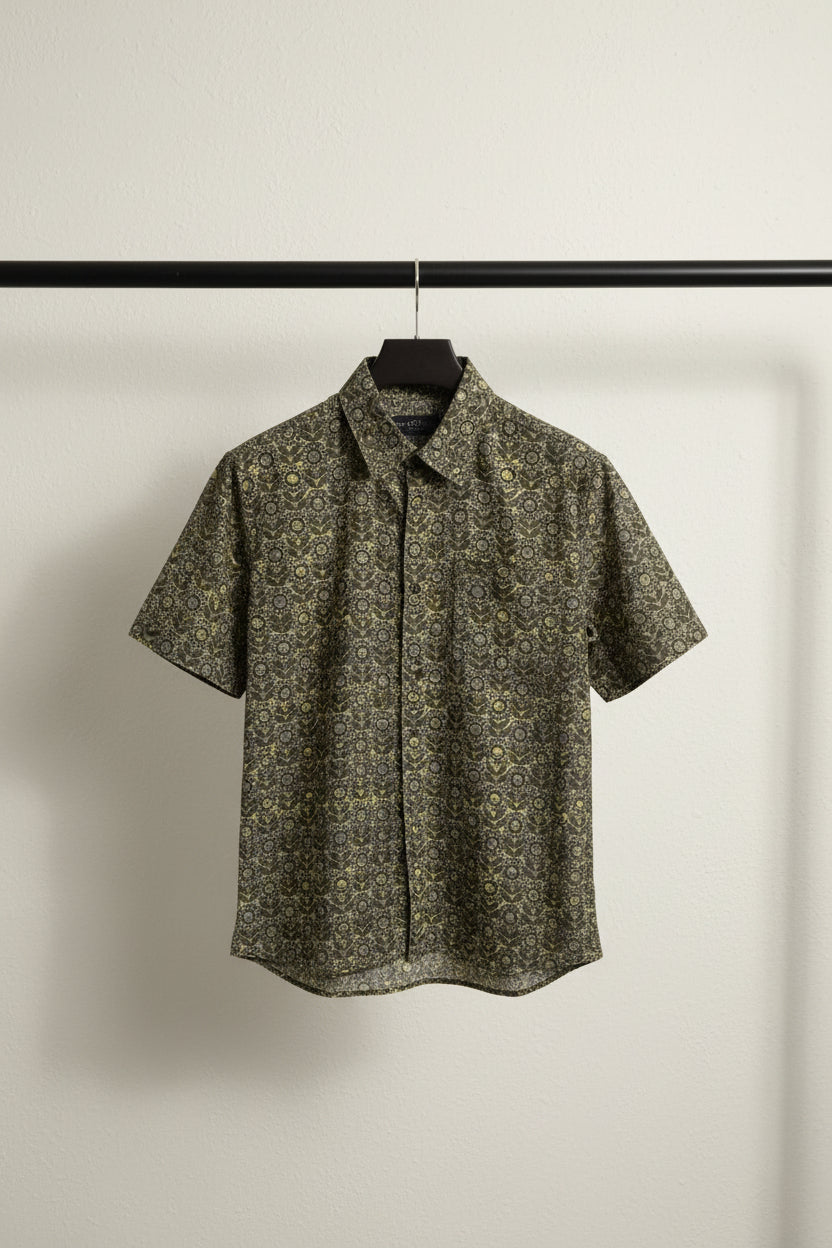 Bulan Bintang Men's Grey & Yellow Patterned Relaxed Fit Short Sleeve Shirt