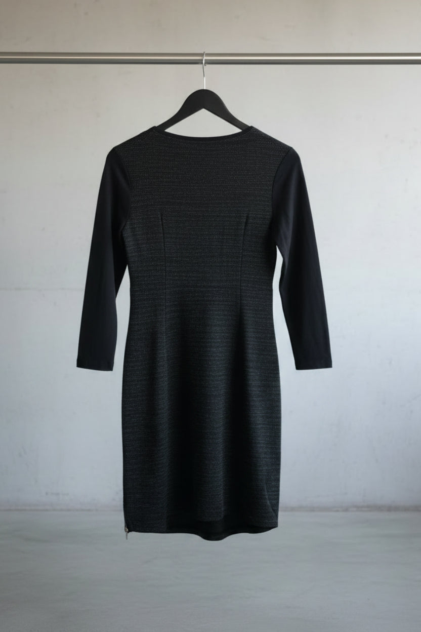Women's Black Shimmer Long Sleeve Ruched Midi Dress