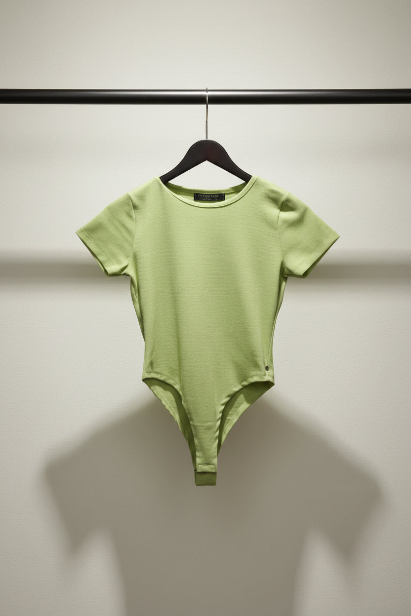 Attire Hub Women's Lime Green Ribbed Short Sleeve Bodysuit