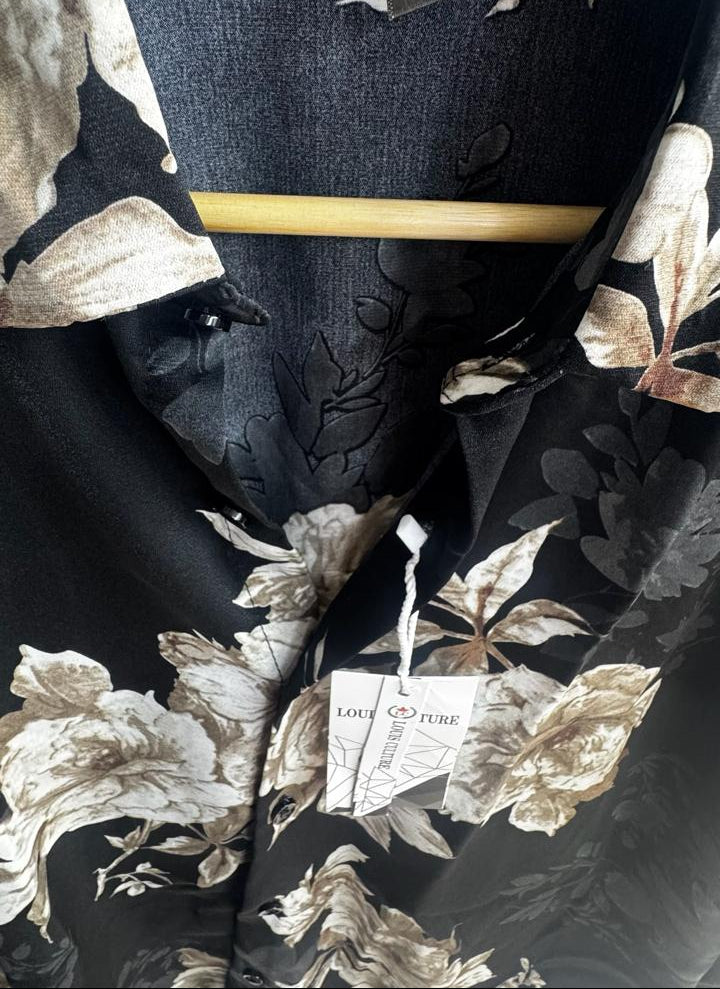 LOUIS COUTURE Men's Black Floral Printed Long Sleeve Casual Shirt