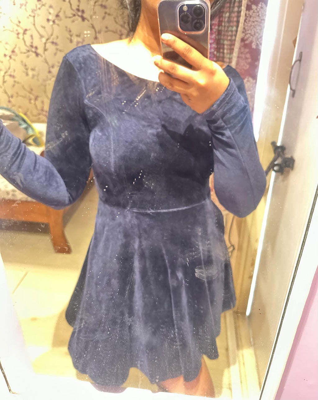 Abercrombie Kids Navy Blue Velvet Long Sleeve A-Line Mini Dress