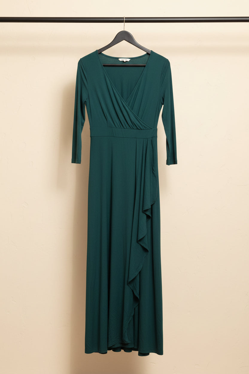 KAZO Women's Dark Green V-Neck Long Sleeve Wrap Maxi Dress