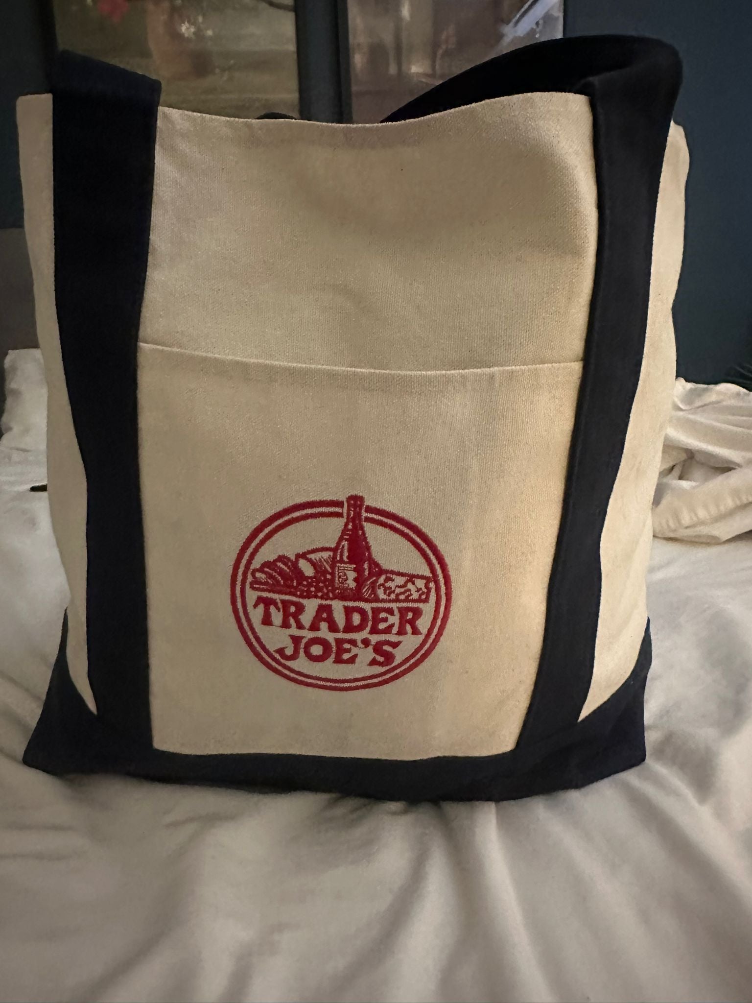 Trader Joe's Canvas Tote Bag with Navy Blue Handles
