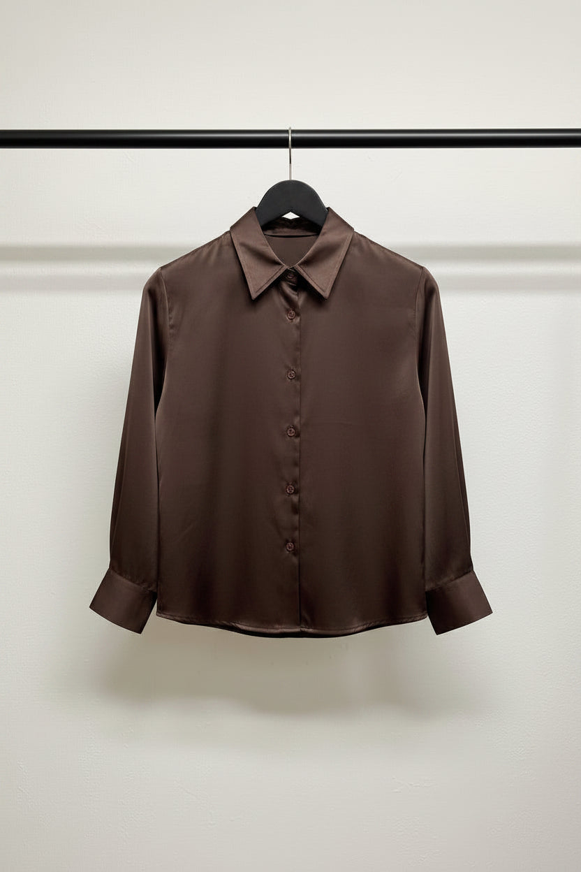 Brown Satin Collared Shirt with Pink Buttons