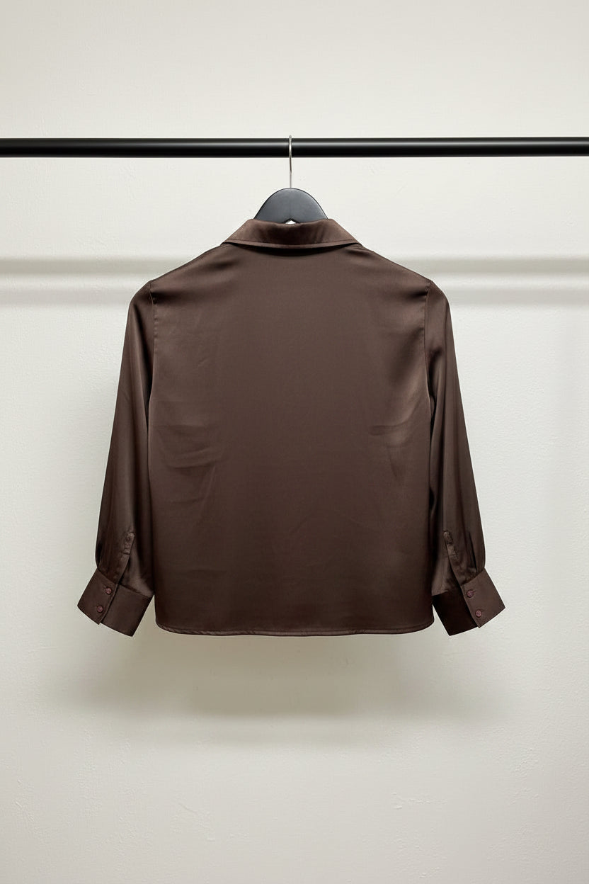 Brown Satin Collared Shirt with Pink Buttons
