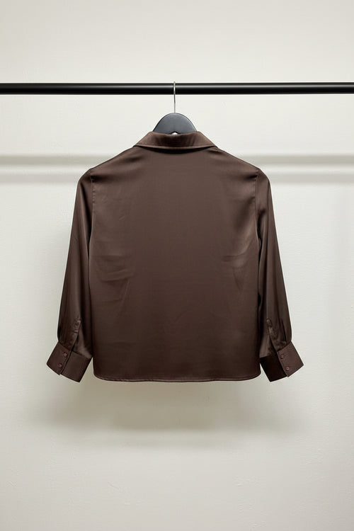 Brown Satin Collared Shirt with Pink Buttons