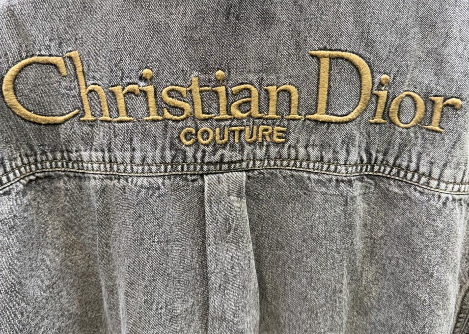 Men's I DOZ PLUS Grey Washed Denim Short Sleeve Shirt with Christian Dior Embroidery