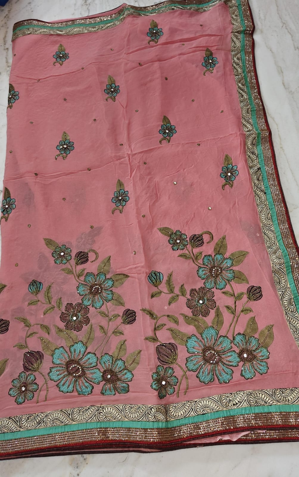 Women's Pink Embroidered Chiffon Saree with Sequin Work