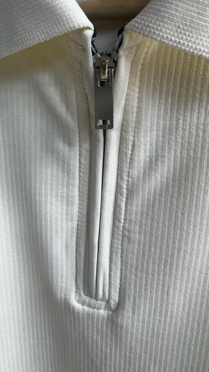 Armani Exchange Men's Cream Ribbed Polo Shirt with Zipper