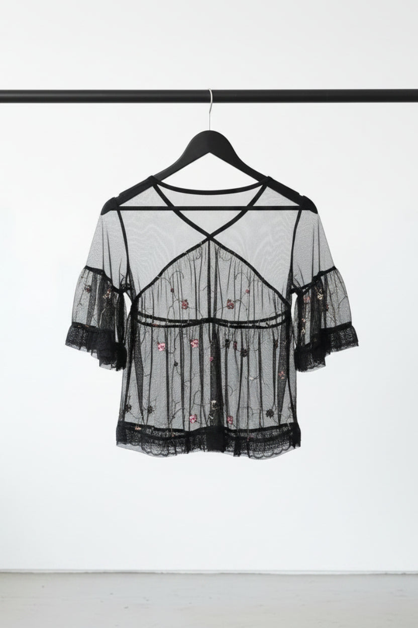 Women's Black Sheer Floral Embroidered Ruffle Crop Top